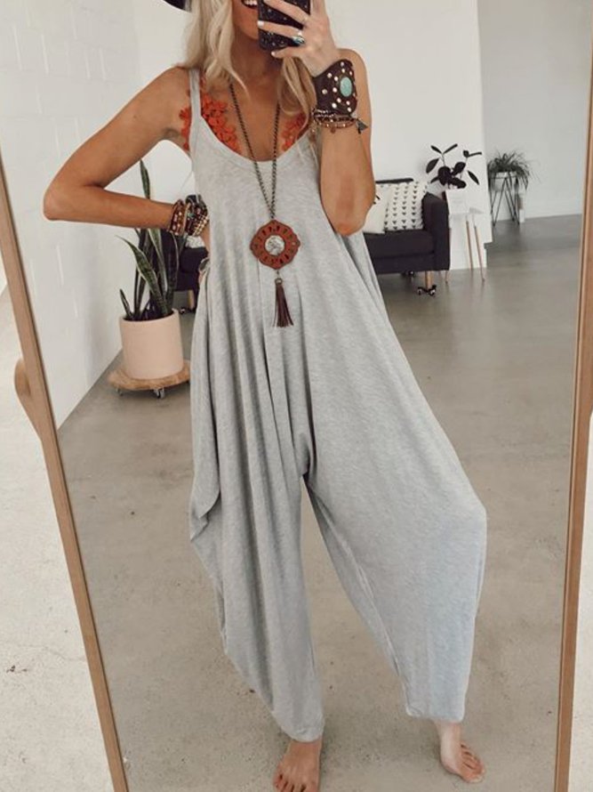 Gray Sleeveless Solid Round Neck Casual Jumpsuits