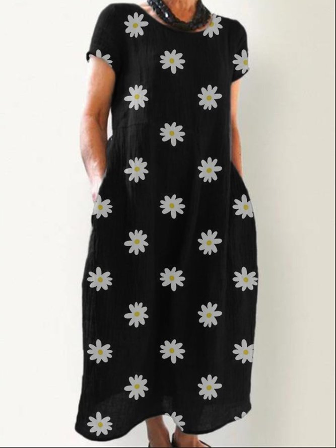 Black Short Sleeve Printed Round Neck Weaving Dress | noracora