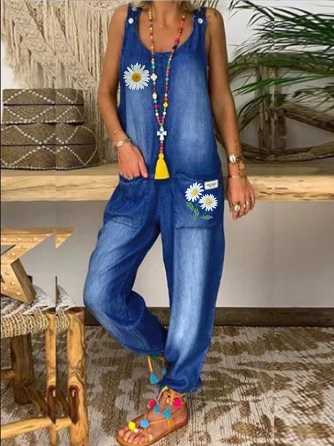 Blue Sleeveless Buttoned Round Neck Jumpsuits