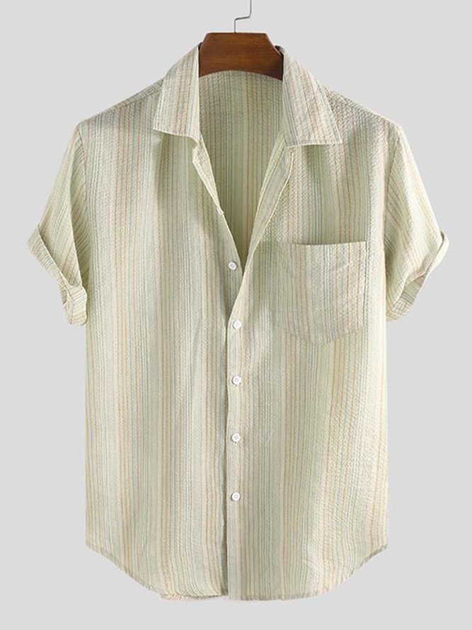 Summer Season Casual Stripes Short Sleeve Blouse Men's Cotton Shirts & Tops