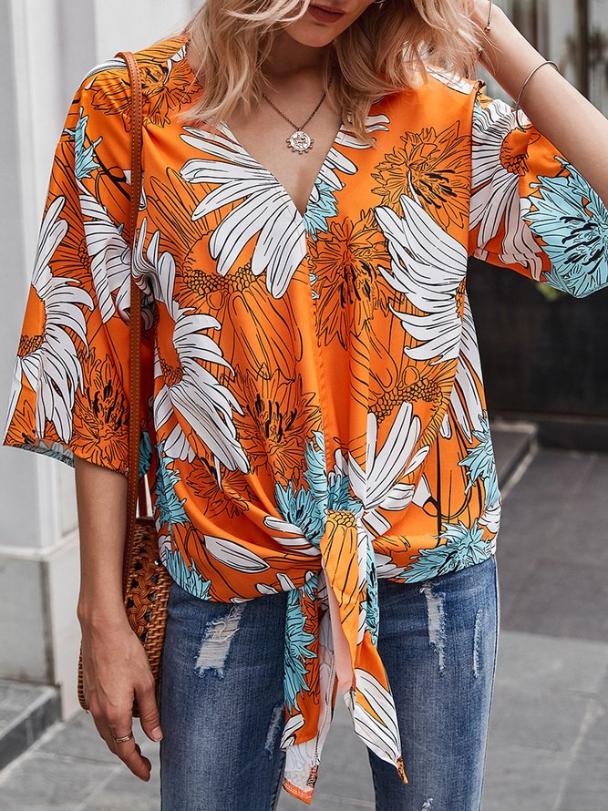 Orange Shift Half Sleeve Sunflower Shirt & Top | noracora