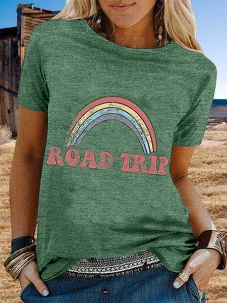 Vintage Short Sleeve Rainbow Letter Printed Plus Size Casual Tops