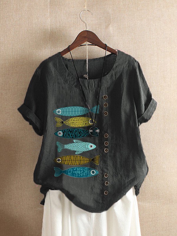 Short Sleeve Crew Neck Fish Print Shirts & Tops | Clothing | Short ...