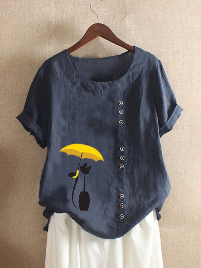 Navy Blue Casual Round Neck Shirts & Tops noracora
