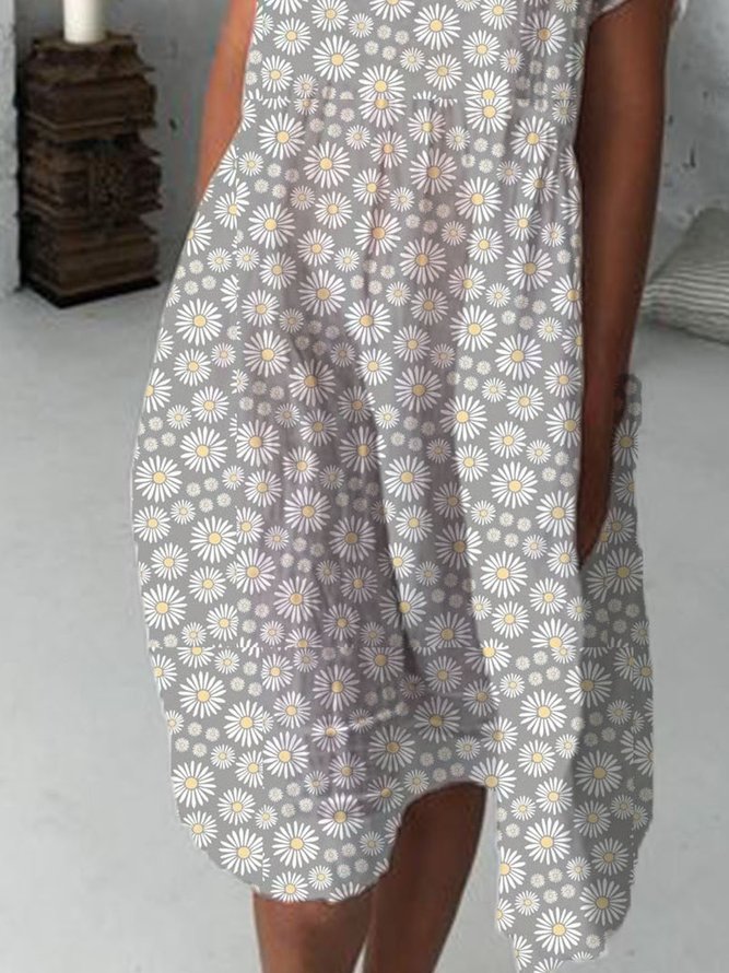 Light Gray Round Neck Printed Short Sleeve Weaving Dress