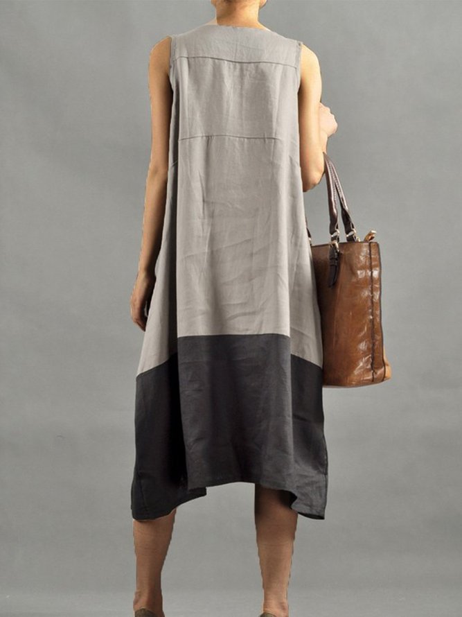 Black V Neck Cotton Casual Color-Block Weaving Dress