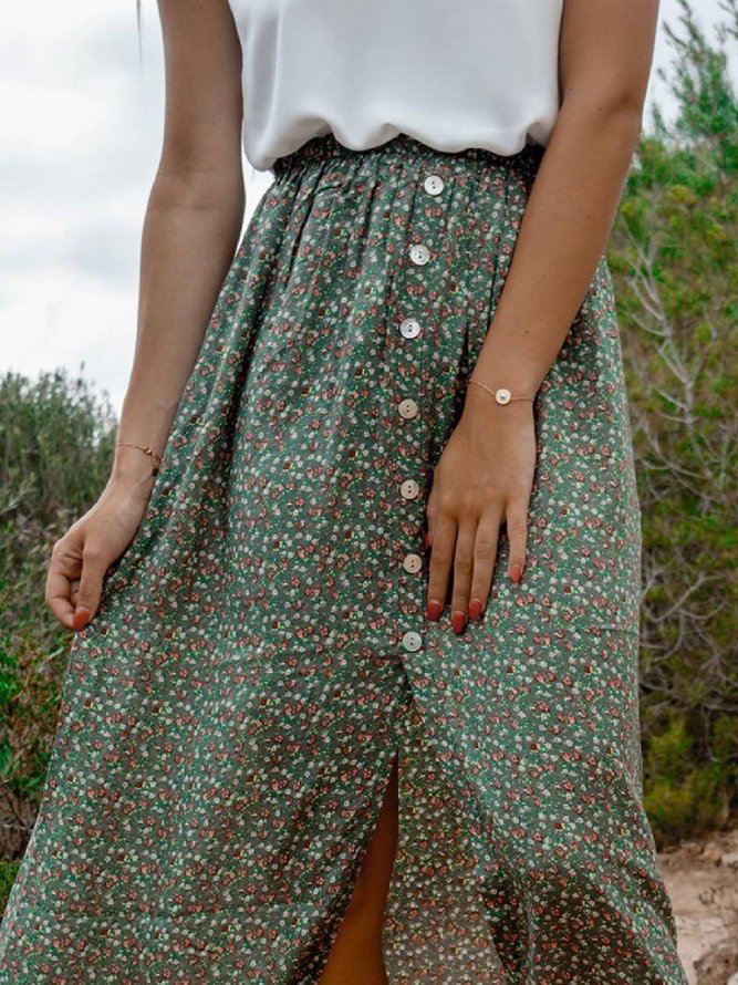 Green Floral Casual Floral-Print Skirt