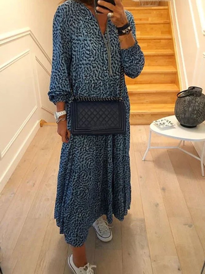 Blue Patchwork Printed Casual Weaving Dress