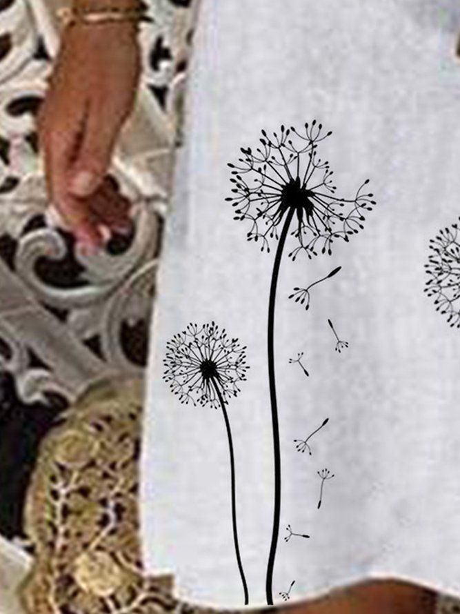 Casual vintage dandelion printed short sleeve V-neck dress