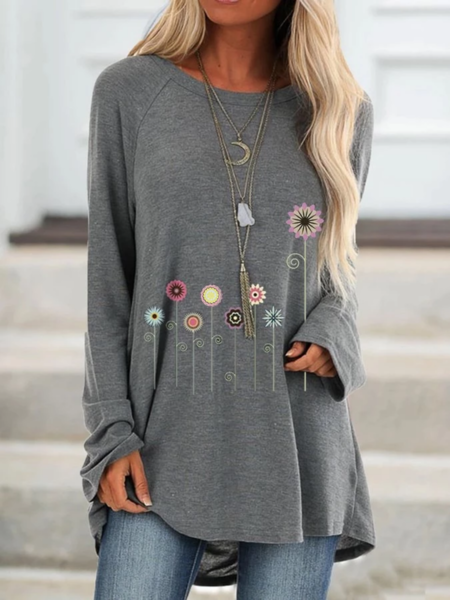 Woman Casual Floral Crew Neck Long Sleeve Top Noracora