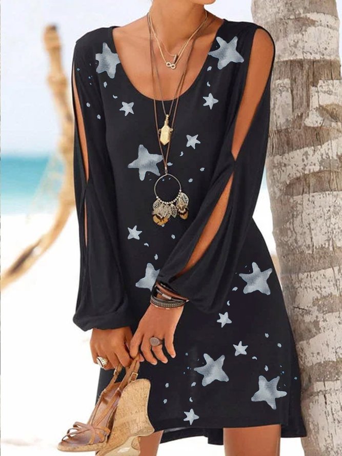 Black Cotton Printed Star Casual Cutout Patchwork Weaving Dress