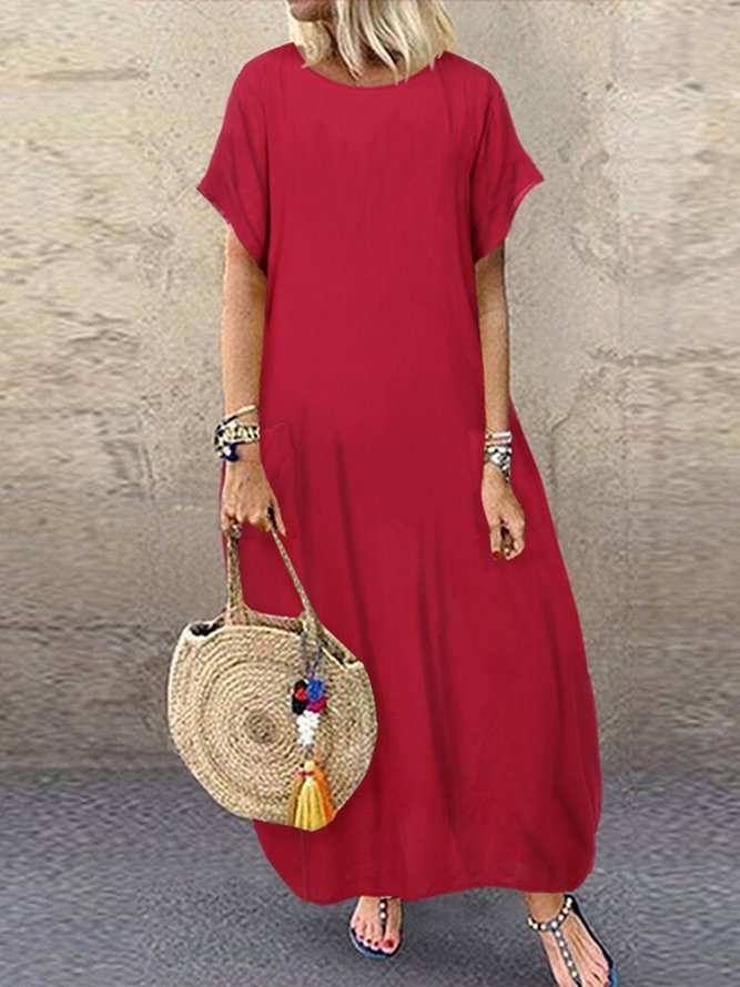 Solid Color Round Neck Baggy Dress with Pockets | Clothing | Solid ...