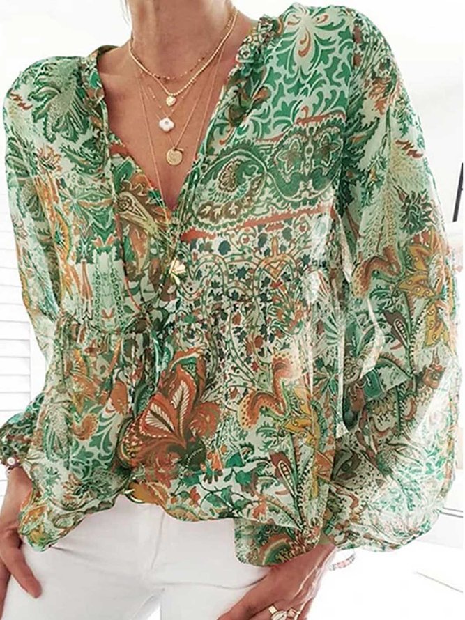 White Printed Long Sleeve Patchwork Shirts & Tops