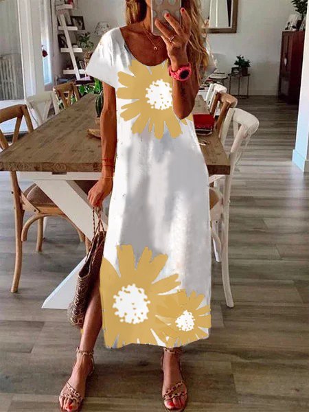 Women Summer Floral-Print Short Sleeve Casual Maxi Dresses