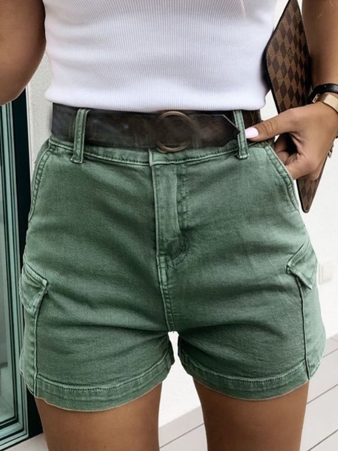 Green Fashion Pockets Casual Solid Shorts