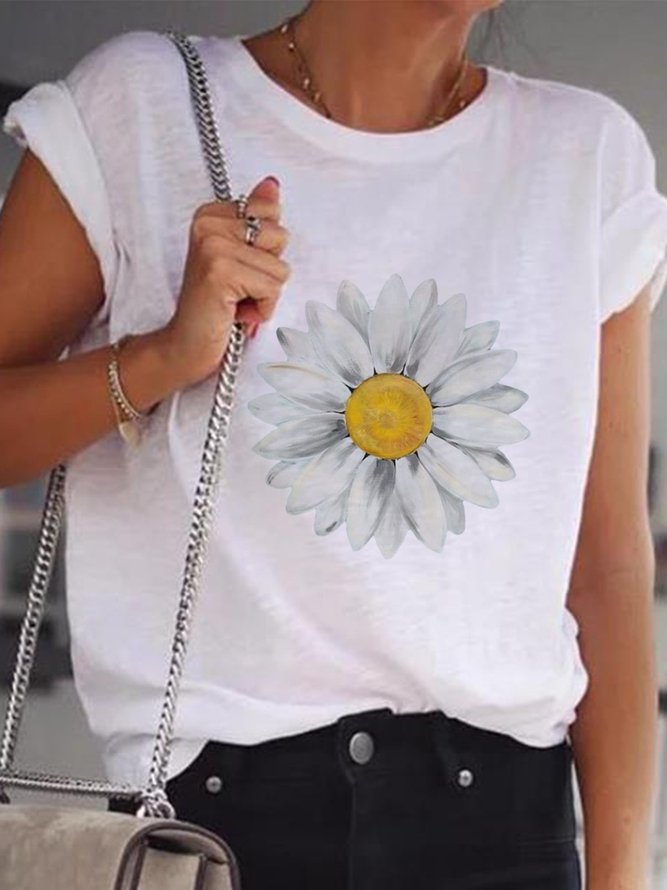 White Round Neck Printed Casual Tops
