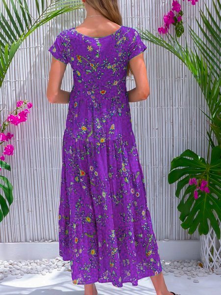 Casual Floral-Print Sleeveless Cotton-Blend Weaving Dress | noracora
