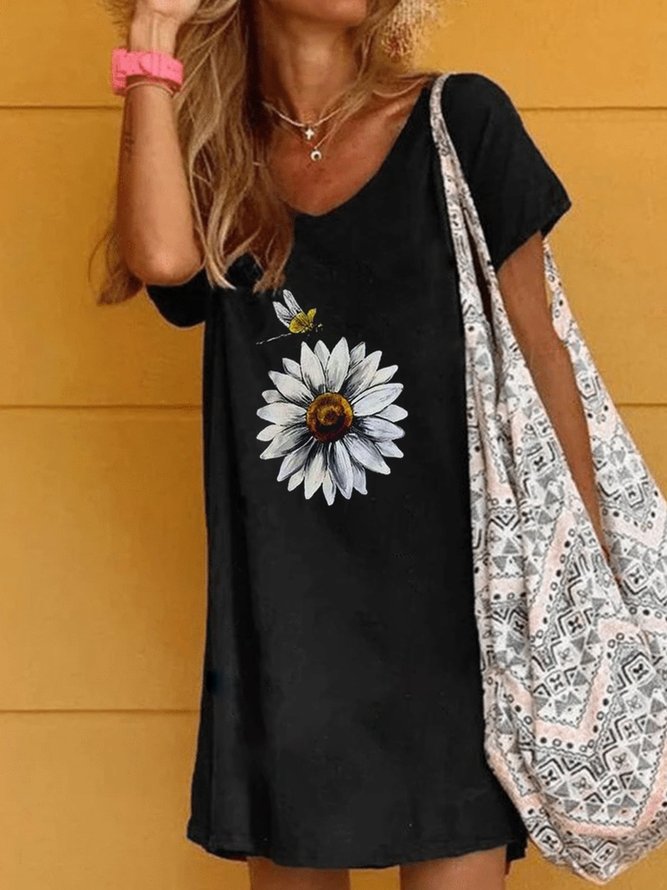 Black Printed Cotton Casual Dresses noracora