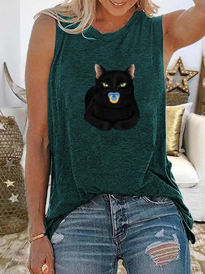 Casual Plus Size Cat Printed Sleeveless Tank Tops noracora