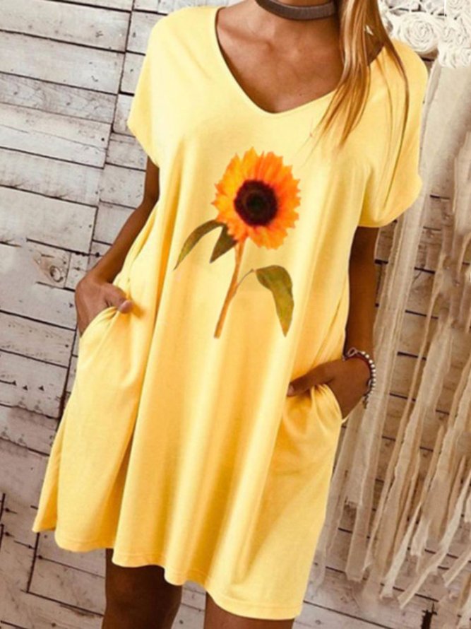 Yellow Floral Date Daily Casual V neck A-Line Short Sleeve Knitting Dress
