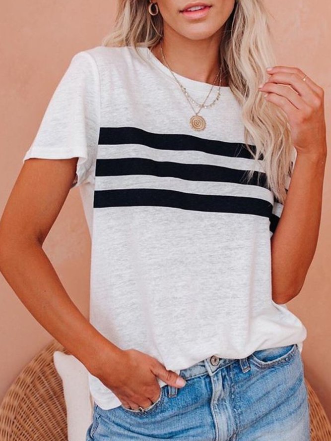 White Round Neck Striped Short Sleeve Shirts & Tops | noracora
