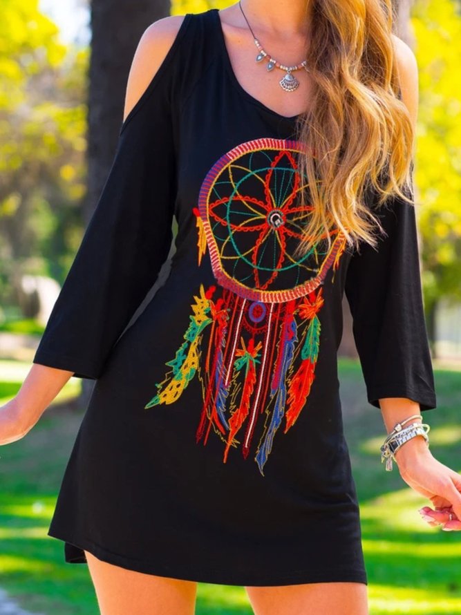 Casual 3/4 Sleeve Round Neck Plus Size Printed Dress