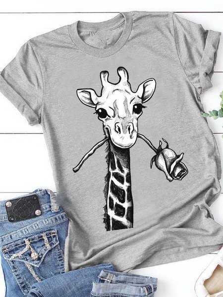 Printed Round Neck Casual Jersey Short Sleeve T-shirt