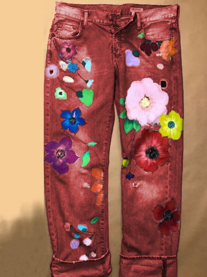 Vintage Denim Floral Casual Pants