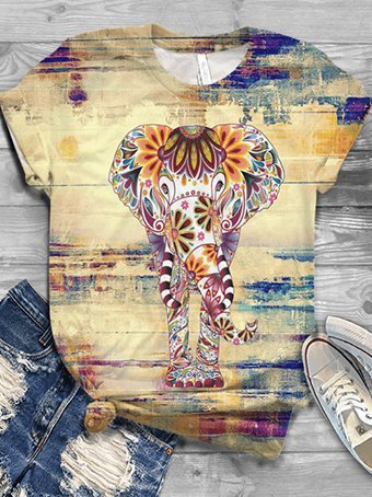 Color elephant printed casual short sleeve round neck T-shirt