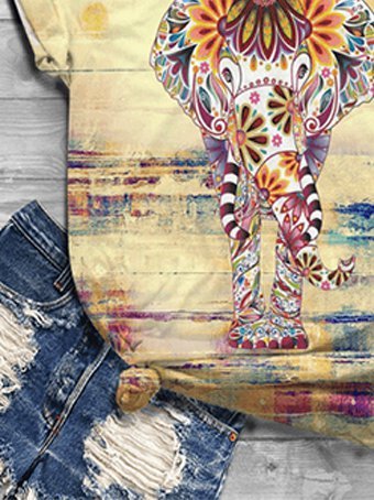 Color elephant printed casual short sleeve round neck T-shirt