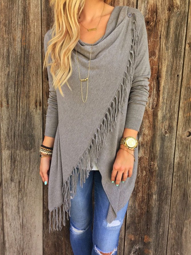 Casual Fringed Long Sleeve Asymmetrical T-Shirt | noracora