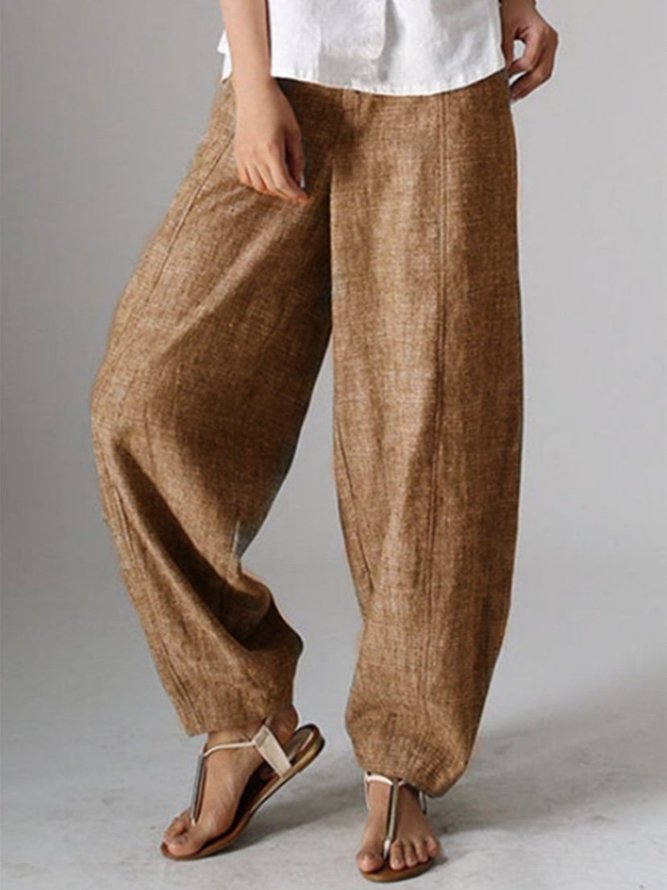 Women Natural Casual Plain Linen Plus Size Pants