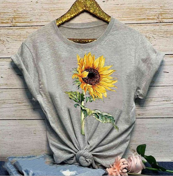 Sunflower Print Crew Neck Short Sleeve Casual T Shirts And Tops Noracora 3239