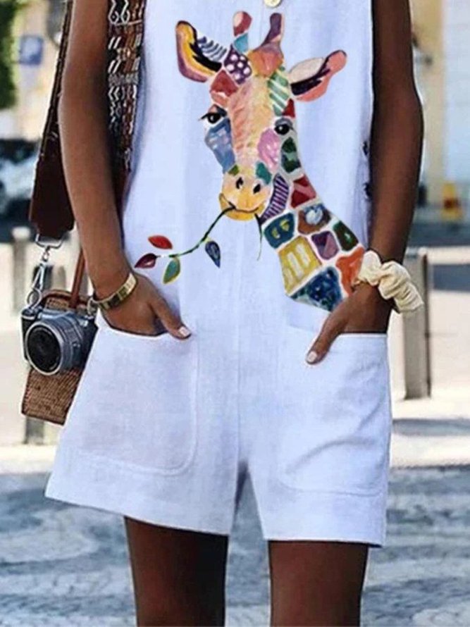 White Animal Shift Holiday Daily U-Neck Casual Printed Shift Sleeveless Jumpsuit & Romper