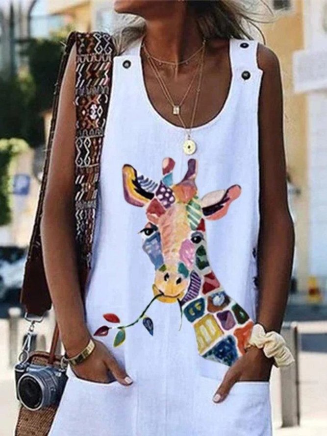 White Animal Shift Holiday Daily U-Neck Casual Printed Shift Sleeveless Jumpsuit & Romper