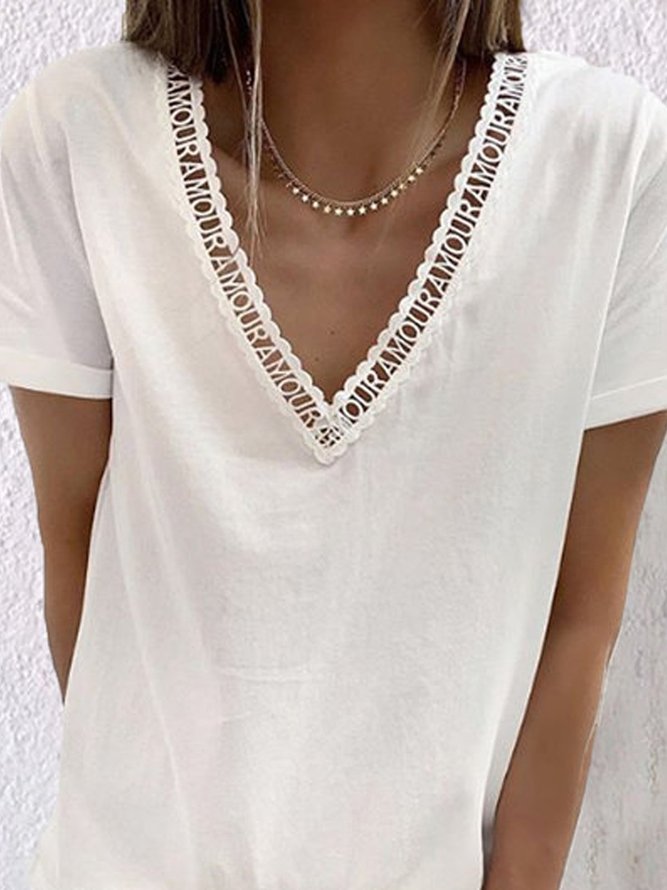 White Cotton-Blend Short Sleeve Casual T-shirt