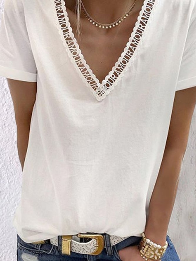 White Cotton-Blend Short Sleeve Casual T-shirt