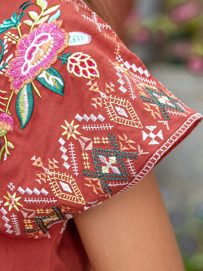 Women Embroidery Short Sleeve Floral Cotton Dresses Clothing Brick