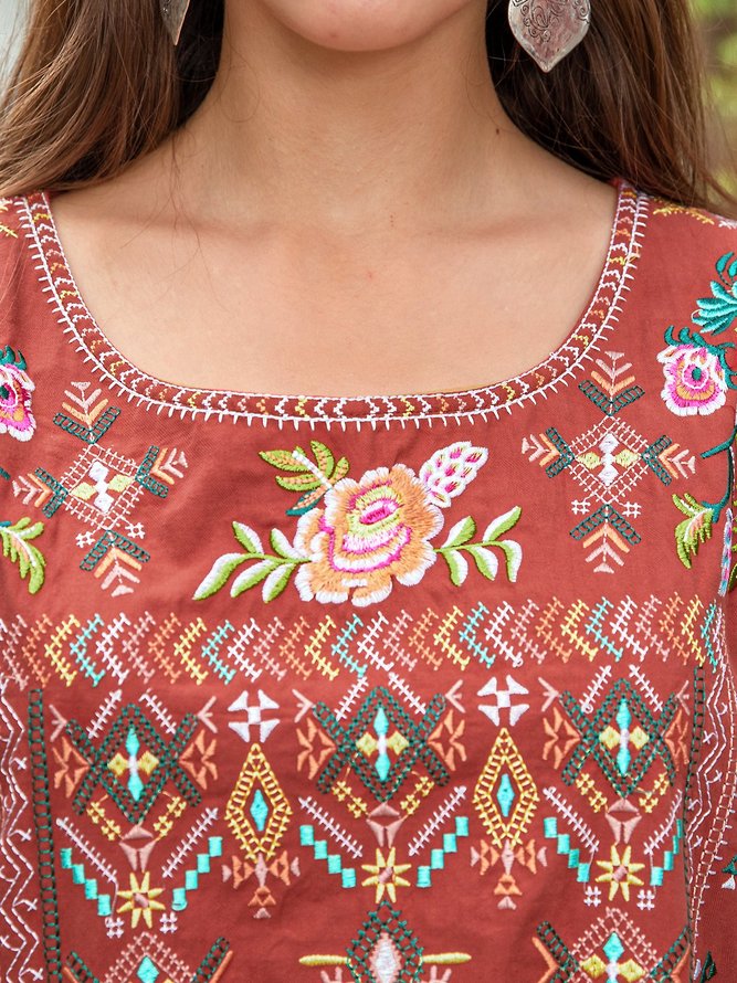 Women Embroidery Short Sleeve Floral Cotton Dresses Clothing Brick