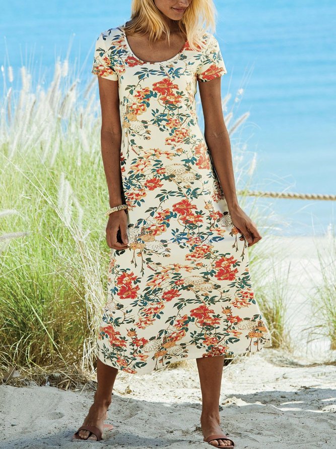 Floral Midi Dress Plus Size Summer Short Sleeve Weaving Dress | noracora
