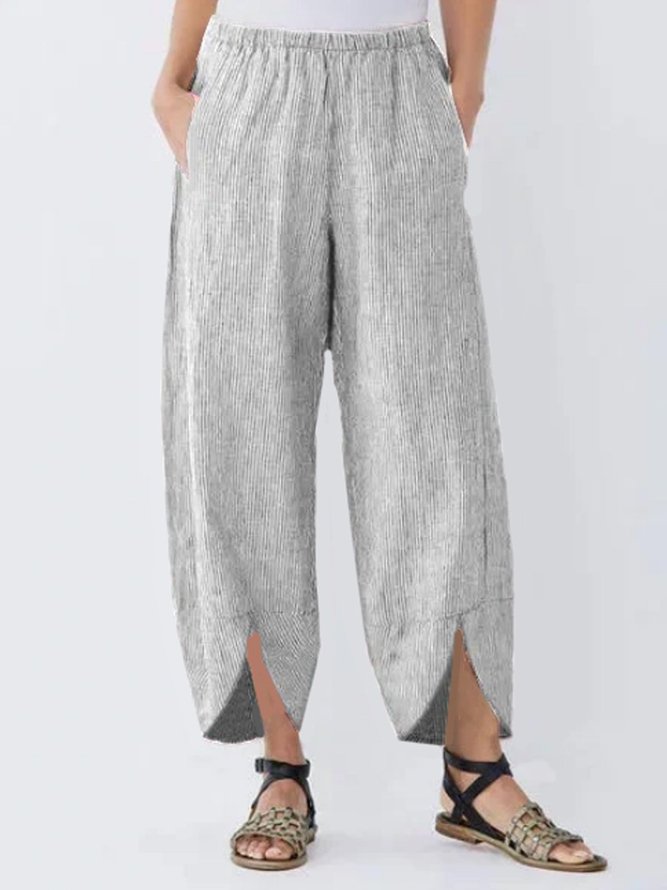 Women Linen Cotton Pockets Striped Casual Capri Pants Bottoms