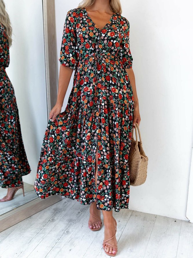 Black Short Sleeve Casual Weaving Dress Flower dress