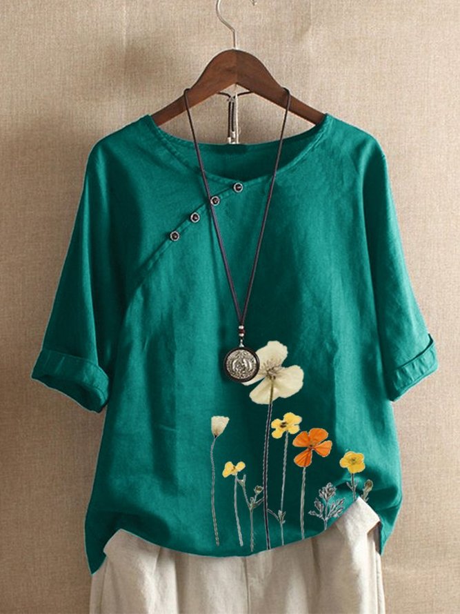 Floral 3/4 Sleeve Casual Round Neck Tops