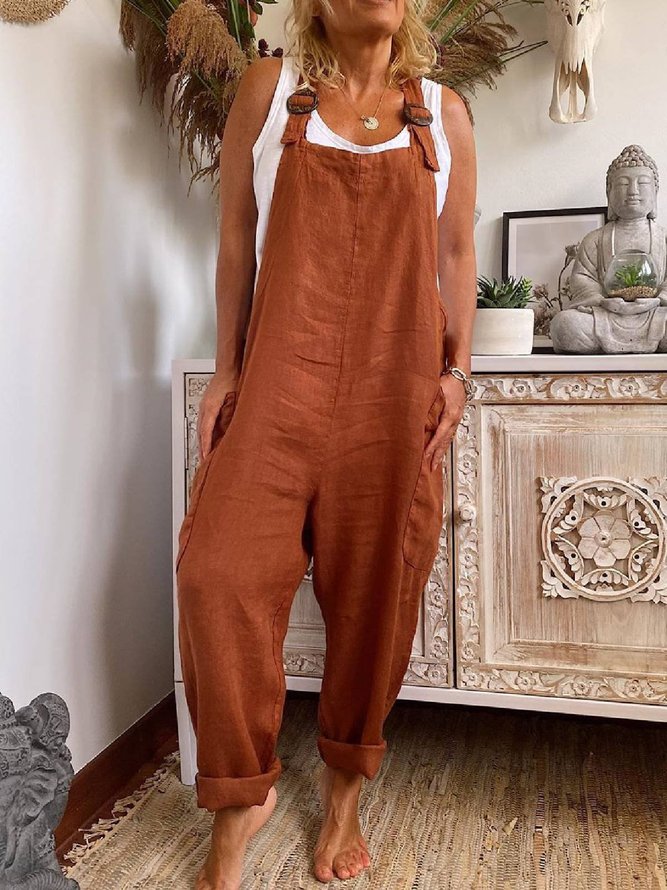 Brown Solid CottonBlend Sleeveless Jumpsuit & Romper noracora