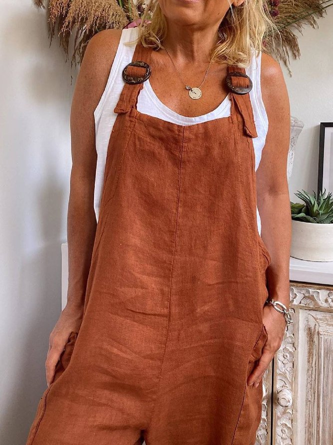 Brown Solid CottonBlend Sleeveless Jumpsuit & Romper noracora