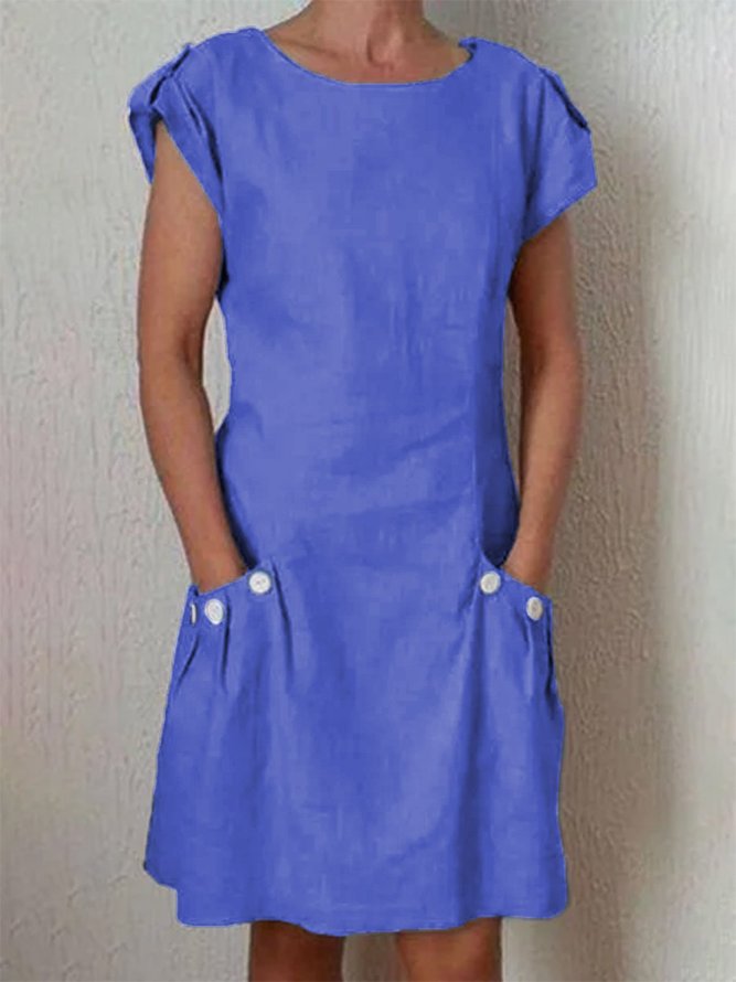 Women Casual Linen Dress Short Sleeve Pockets Buttoned Summer Dresses