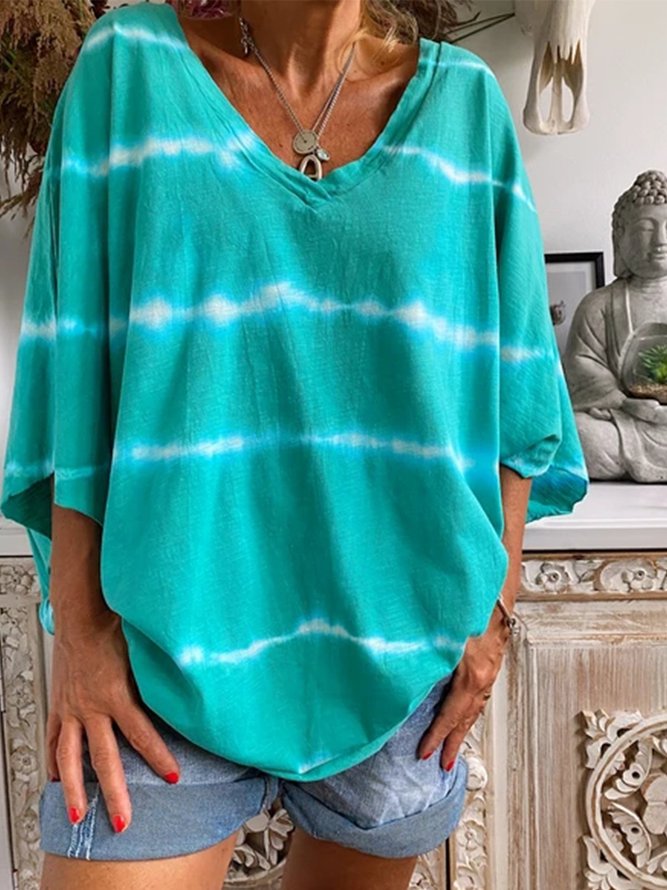 Green V Neck Cotton Casual Ombre/tie-Dye T-Shirts | noracora
