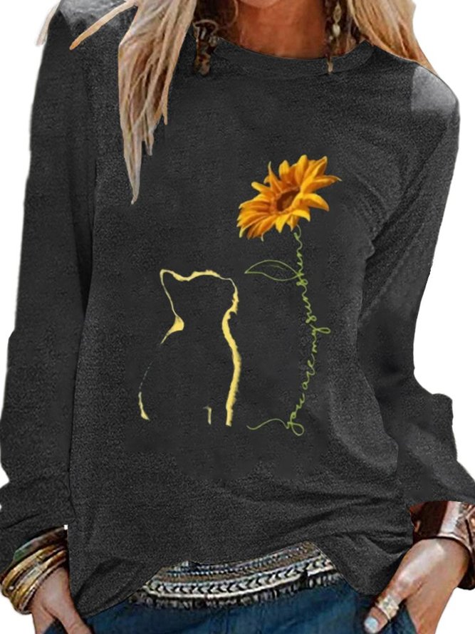 Cats & Sunflower Print Long Sleeve Tshirt noracora