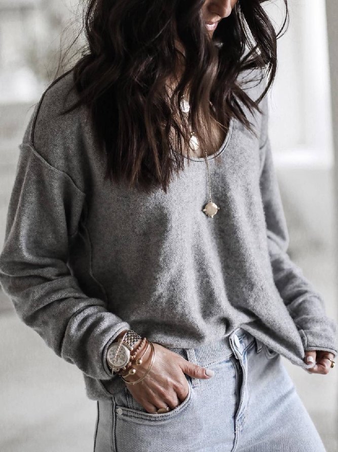 Gray Casual Crew Neck Solid shirt & Top