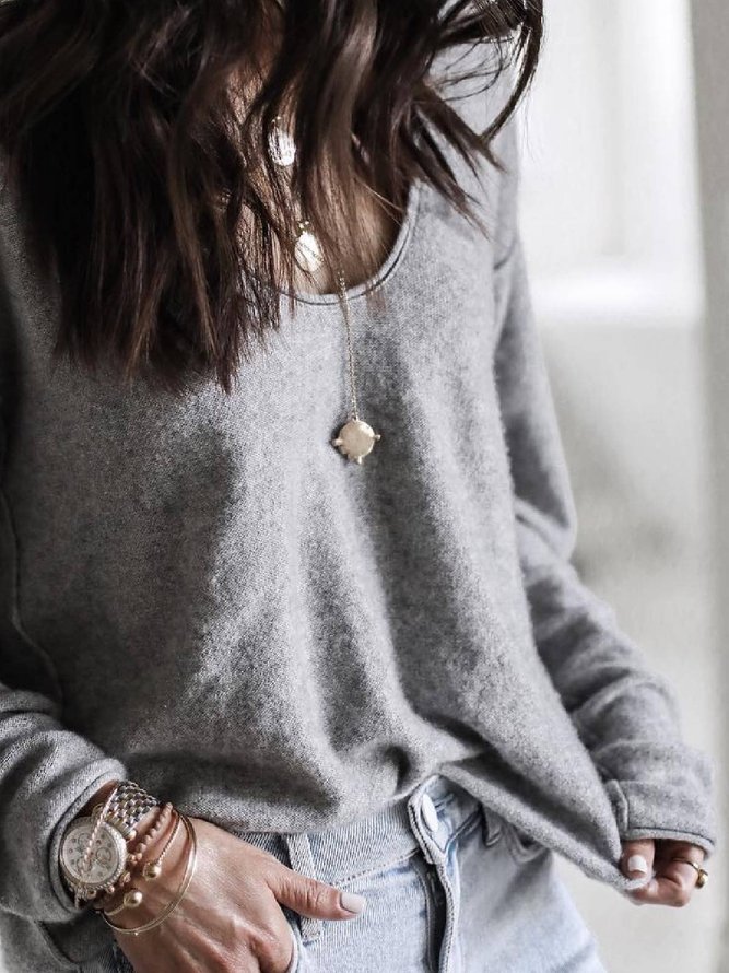 Gray Casual Crew Neck Solid shirt & Top